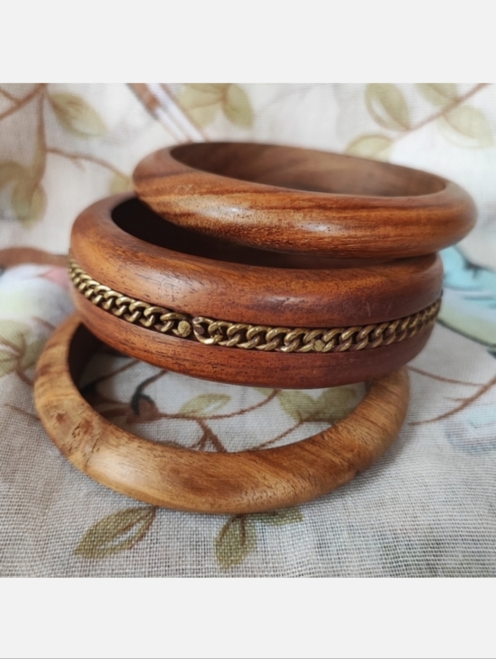 Bohemian Boho Set of 3 Wood Wooden Bangle Bracelets Made in India Chain Accent